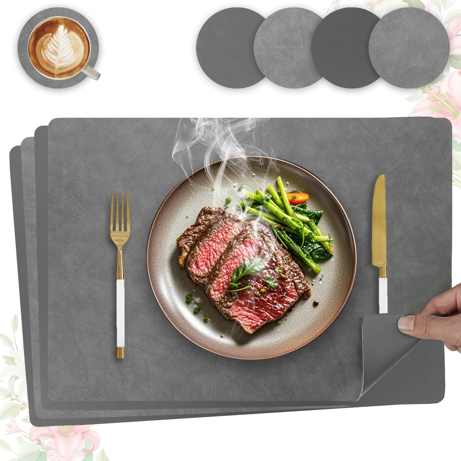 Heli MAIO Tischsets und Untersetzer 4er Set,Platzsets Abwaschbar und Doppelseitigen rutschfest Platzdeckchen,Tischset Leder Kunstleder,Platzdeckchen wasserdicht