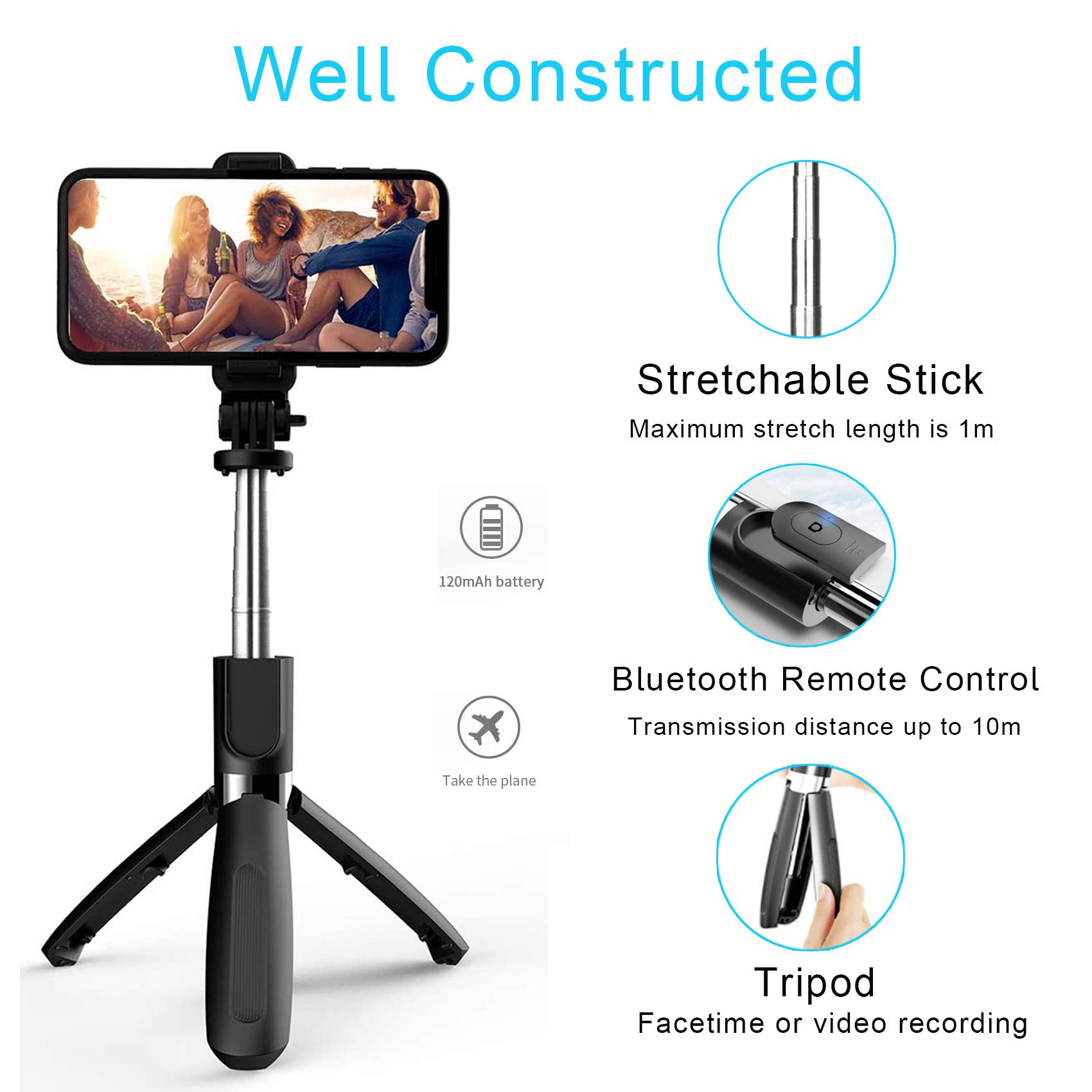 EasyULT Bastone Selfie, 3 in 1 Selfie Stick Bluetooth Treppiede Estensibile, con Telecomando Wireless Rimovibile, 360° Regolabile Portatile, per Huawei/Samsung, 4.0-6.2 Pollici Smartphone, Camera