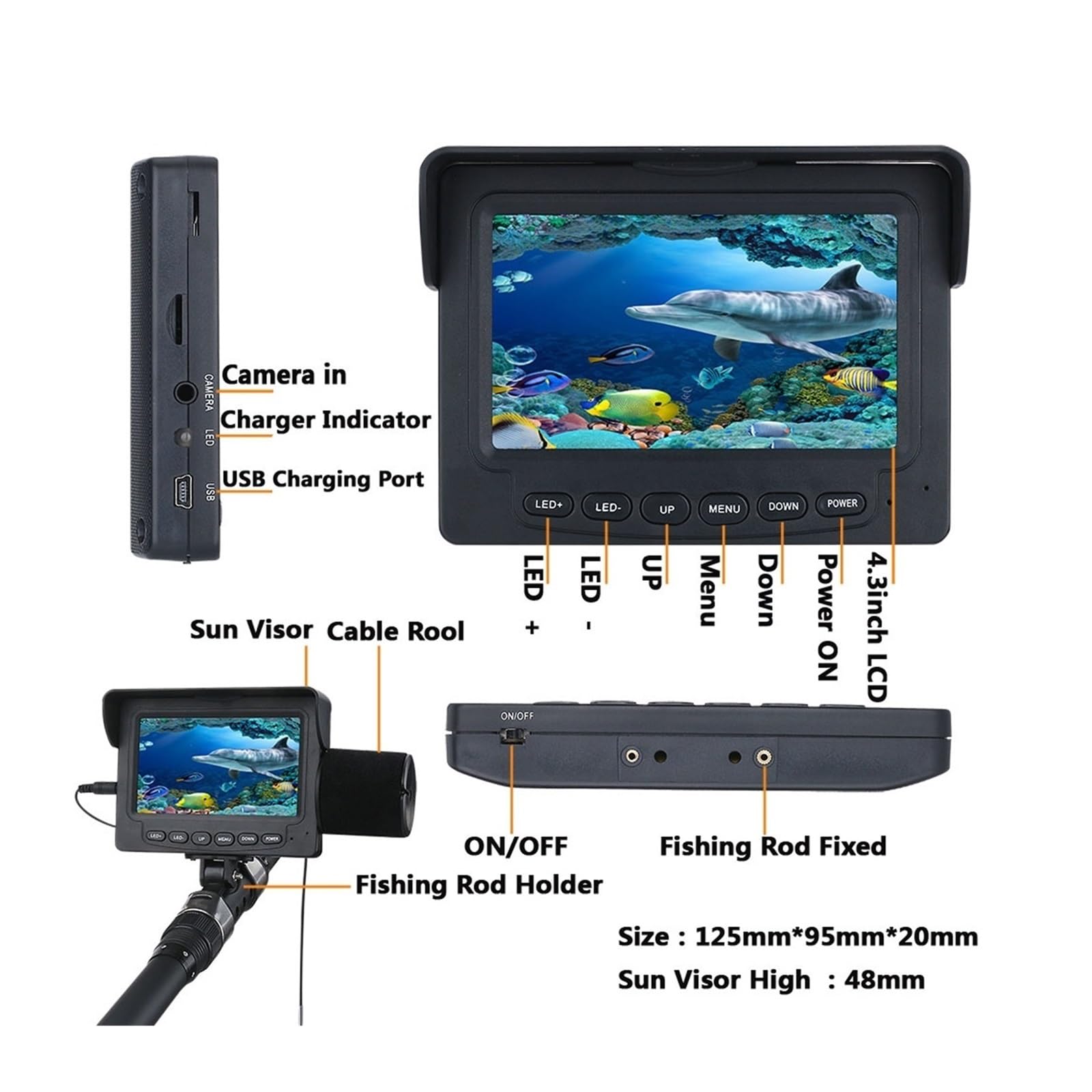 Buscador de Peces, Buscador de Peces portátil con Monitor LCD IPS 4,3 Pulgadas y 6 cámaras Pesca visión Nocturna LED for submarina en Hielo Invierno(30m Cable)