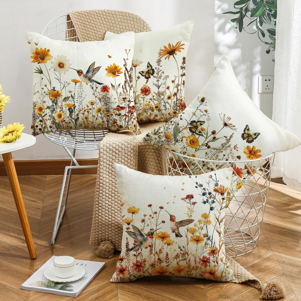 wyooxoo Spring Pillow Covers 20x20 Set of 4 Farmhouse Summer Throw Pillow Covers Floral Decorative Cushion Cases for Sofa Couch Outdoor Bedroom