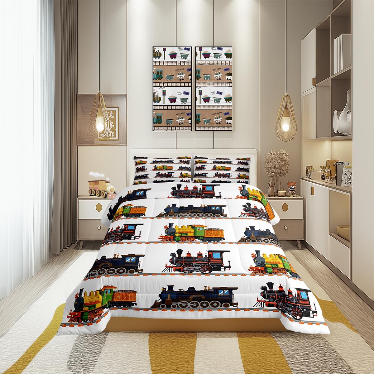 Cartoon Train Kids Full Comforter Sets,Colorful Steam Engine Reversible Bedding Set for Boys Teens Children,Cartoon Car Cute Vehicle 3 PCS,Youth Train Track Duvet Insert,2 Pillow Cases