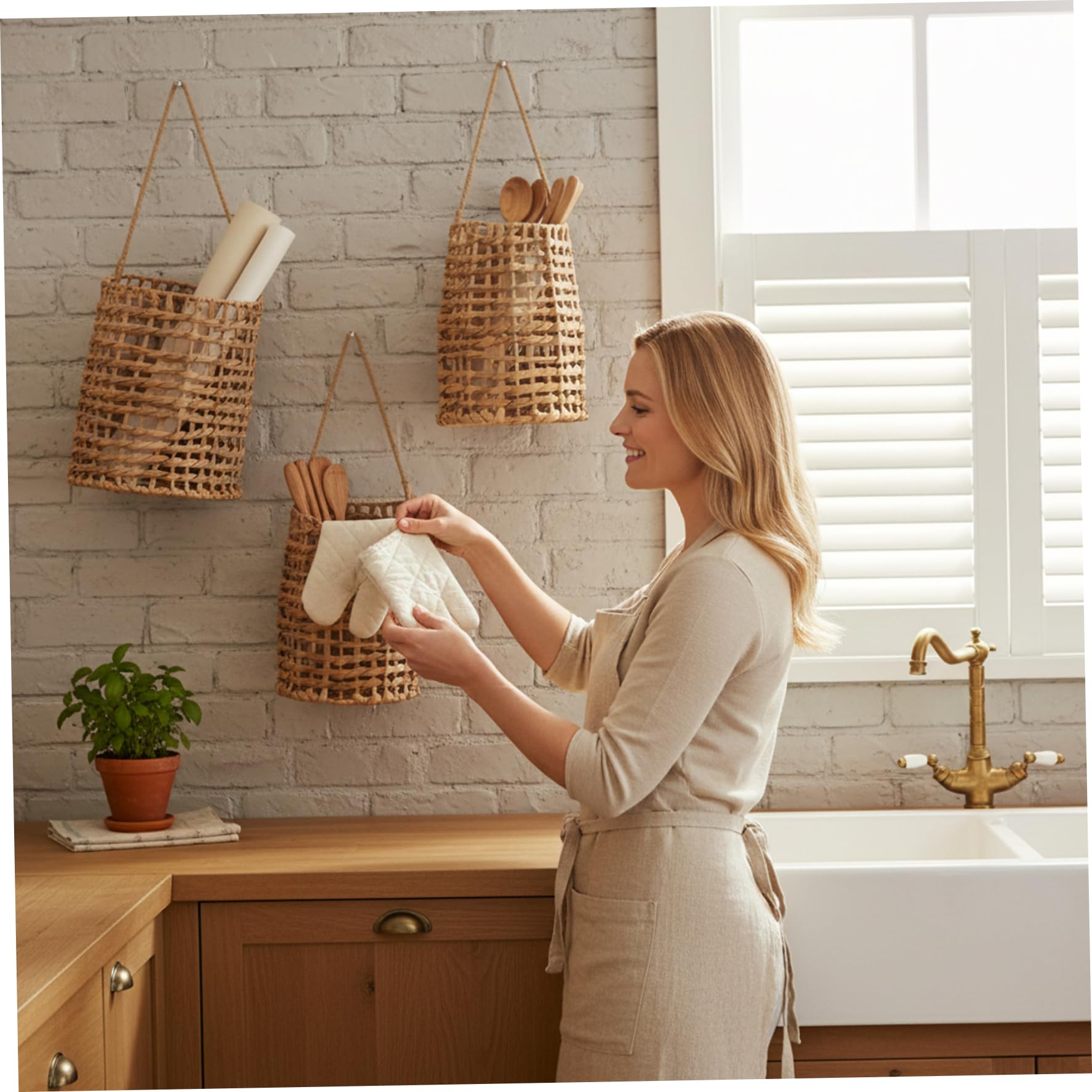 Cesta colgante de mimbre, cesta tejida a mano para colgar en la pared, cestas de pared de ratán natural, decoración, almacenamiento multiusos para cocina, baño, sala de estar, jardín de 6x3, 5x12 p.