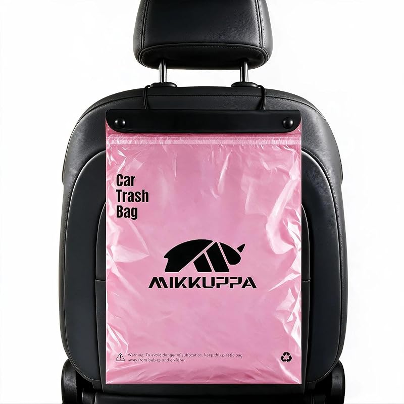 MIKKUPPA Bolsas de basura desechables para auto, color rosa, 50 unidades | Bolsas de basura colgantes para automóvil, más de 2 galones a prueba de fugas y gruesas, rollo fácil de rasgar, organizador de automóvil lindo y limpio para mujeres y uso familiar