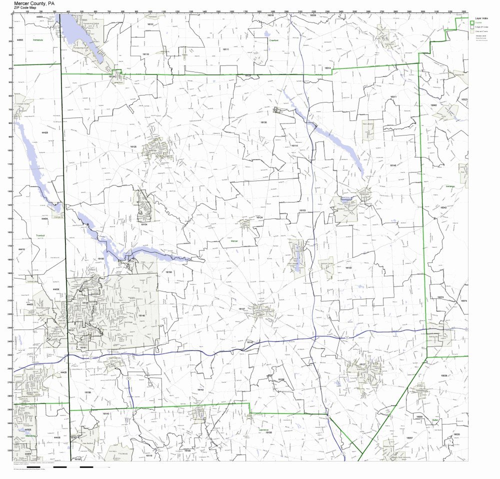 Mercer County, Pennsylvania PA ZIP Code Map Not Laminated