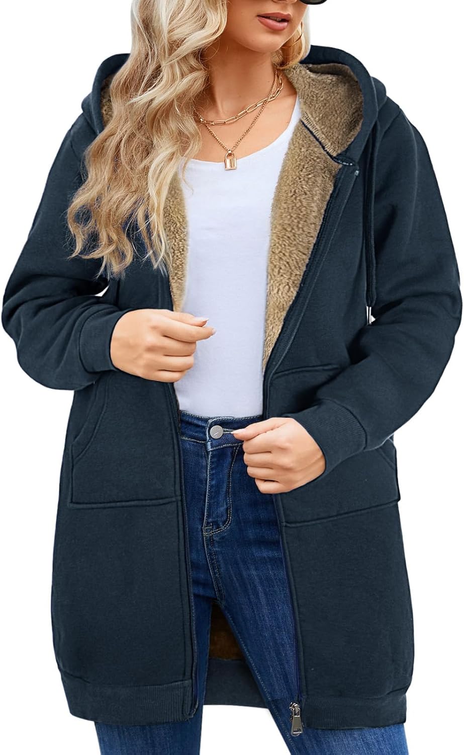 Women's Long Fleece Hoodie Winter Warm Casual Jacket Zip up Soft Sherpa Plus Size Sweatshirt with Pockets