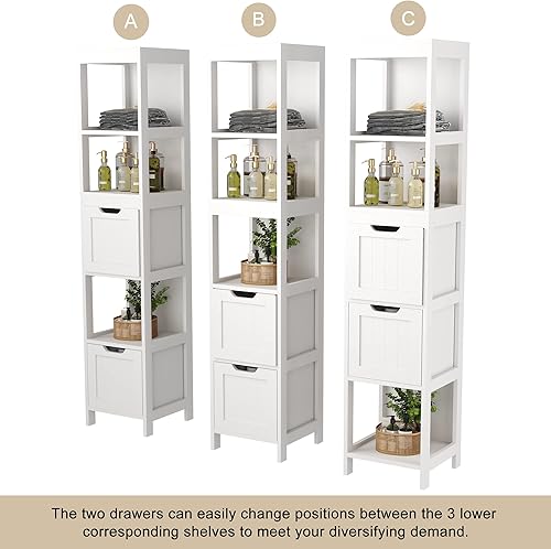 Miniatura 5 de HOMEFORT Armario de almacenamiento para baño, gabinete alto delgado, organizador de gabinete de piso estrecho, torre de lino de madera con 2 cajones