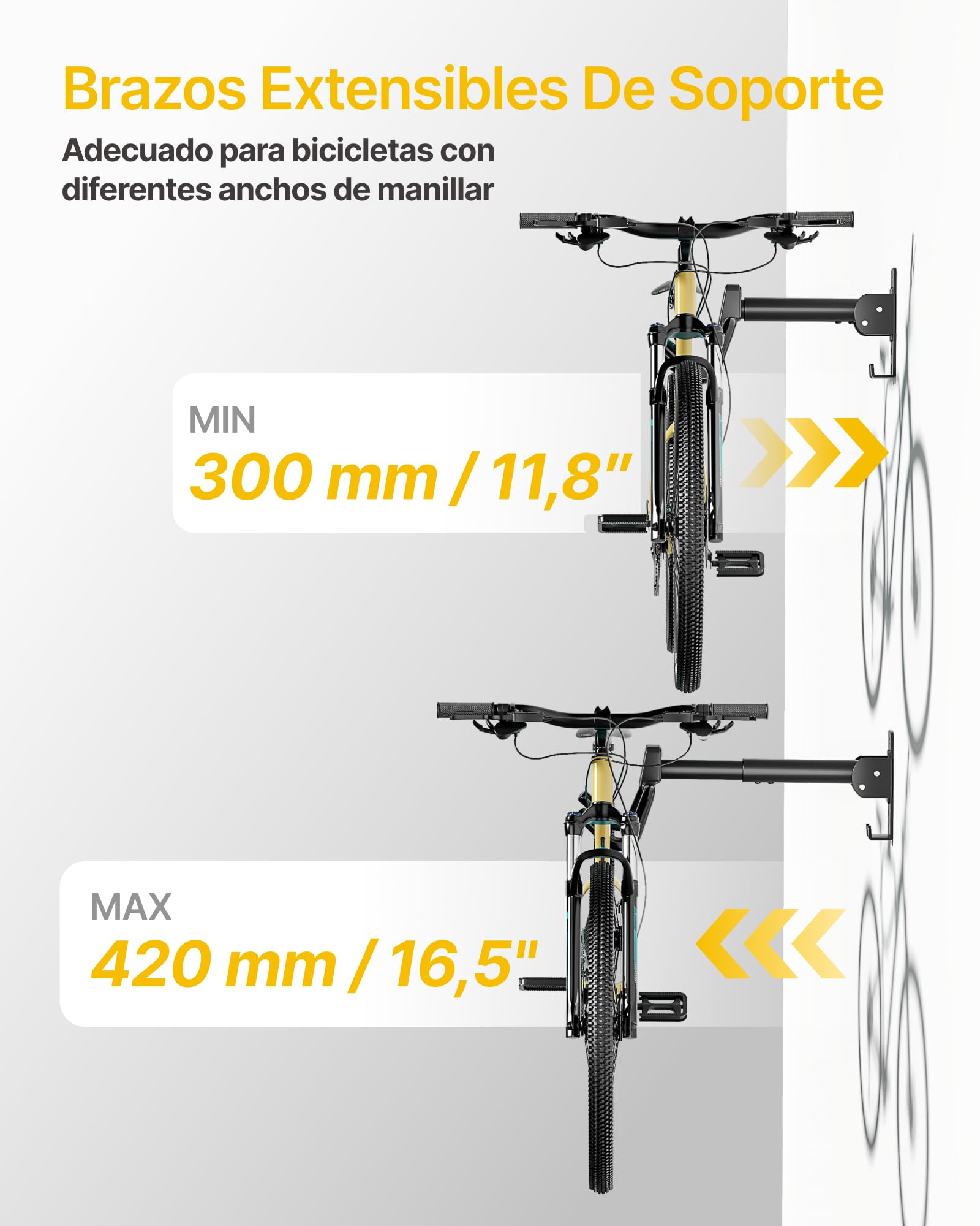 monTEK Lote de 4 Soportes De Pared Bicicleta Plegables, Carga Máx 30 Kg | Soporte De Pared Para Colgar Bicicletas, Gancho De Pared Para Bicicleta De Montaña, ÁNgulo Y Distancia Ajustables