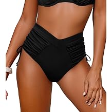 Leoparts Womens V Cut Bikini Bottoms Ruched Tummy Control Bathing Suit Bottom High Cut Drawstring Swimsuit Brief