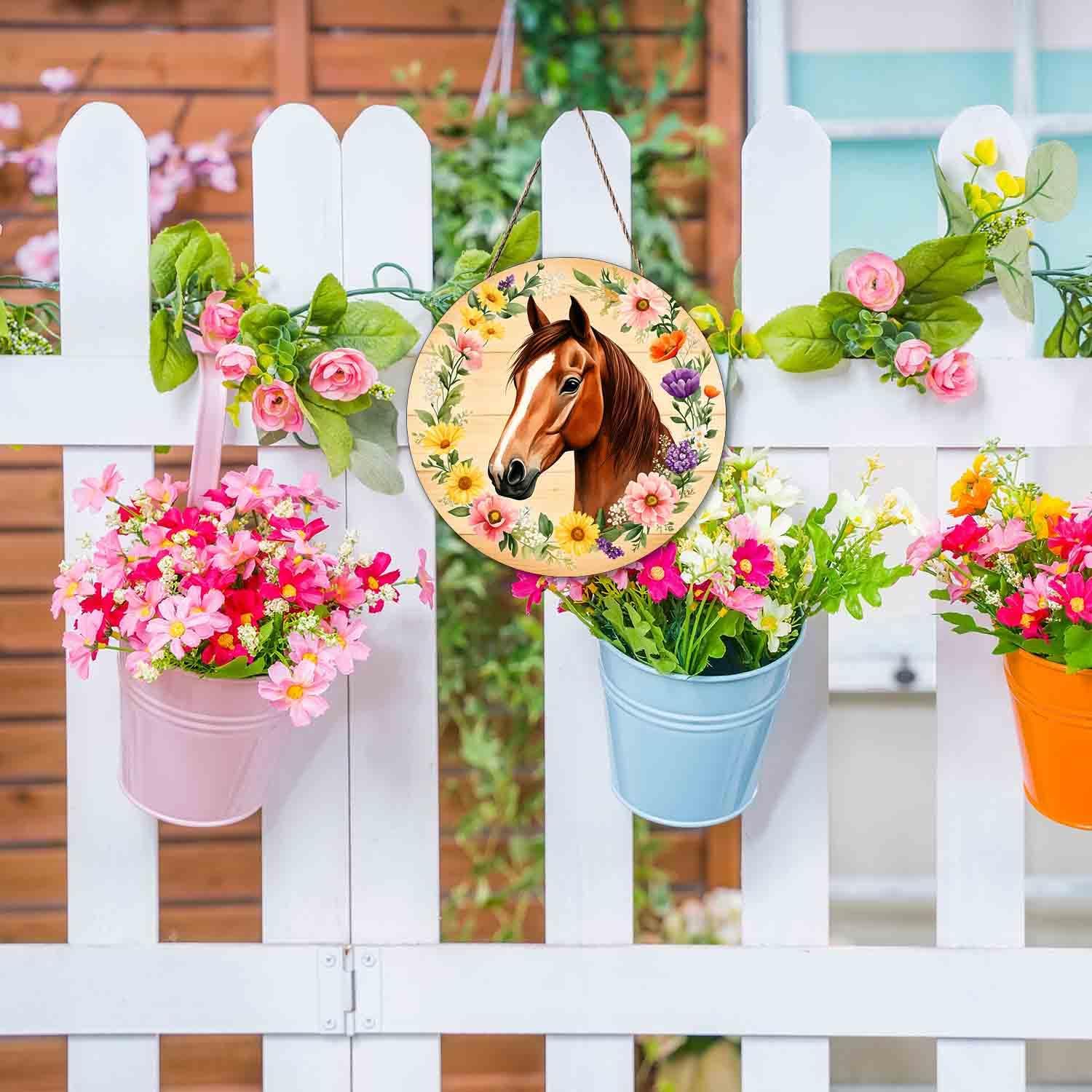 Horse Wreath Hangers For Front Door Welcome Home Sign, Wild Horse Rose Flower Wreath Farmhouse Door Hanger Indoor Outdoor Signs For Holiday Balcony Office Dining Room Kitchen Decoration