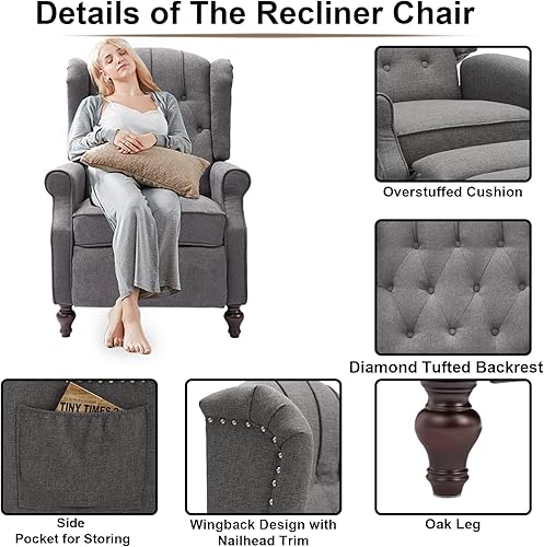 Miniatura 6 de IPKIG Silla reclinable con calefacción y masaje, diseño copetudo con respaldo de alas, silla reclinable con bolsillos laterales para sala de estar,