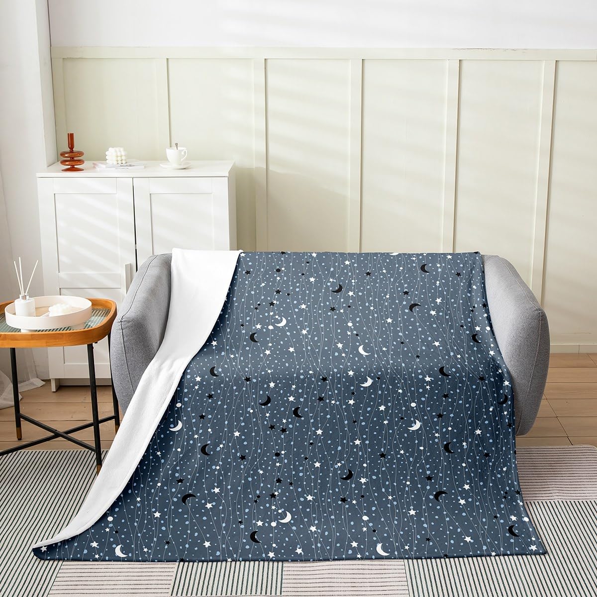 Erosebridal Starry Sky Blanket Twin 60x80 Inch, Galaxy Throw Blanket, Moon Night Twinkle Stars Fleece Blanket, Outer Space Lines Cartoon Polka Dots Blue Black White Bed Blanket for Kids Boys Girls