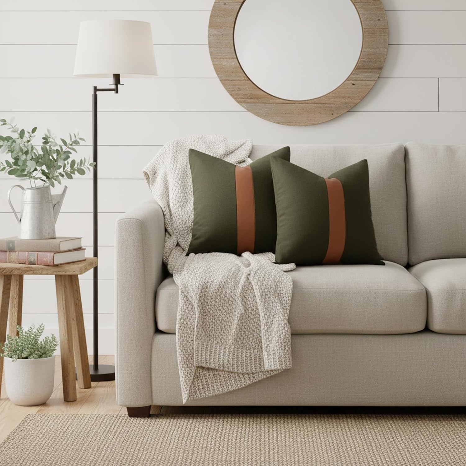 Pack of 2 Decorative Boho Throw Pillow Covers 18x18 Inch Olive Green Pillowcases Faux Leather and Cotton Patchwork Pillow Cover Modern Farmhouse Home Decor for Spring Sofa Living Room Couch Bed - Image 2