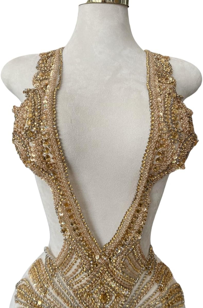 Large Bodice Applique Sequin Rhinestones Fine Appliques Handsewing Crystals and Beads for Dress Clothes 16X31inches (Champagne)