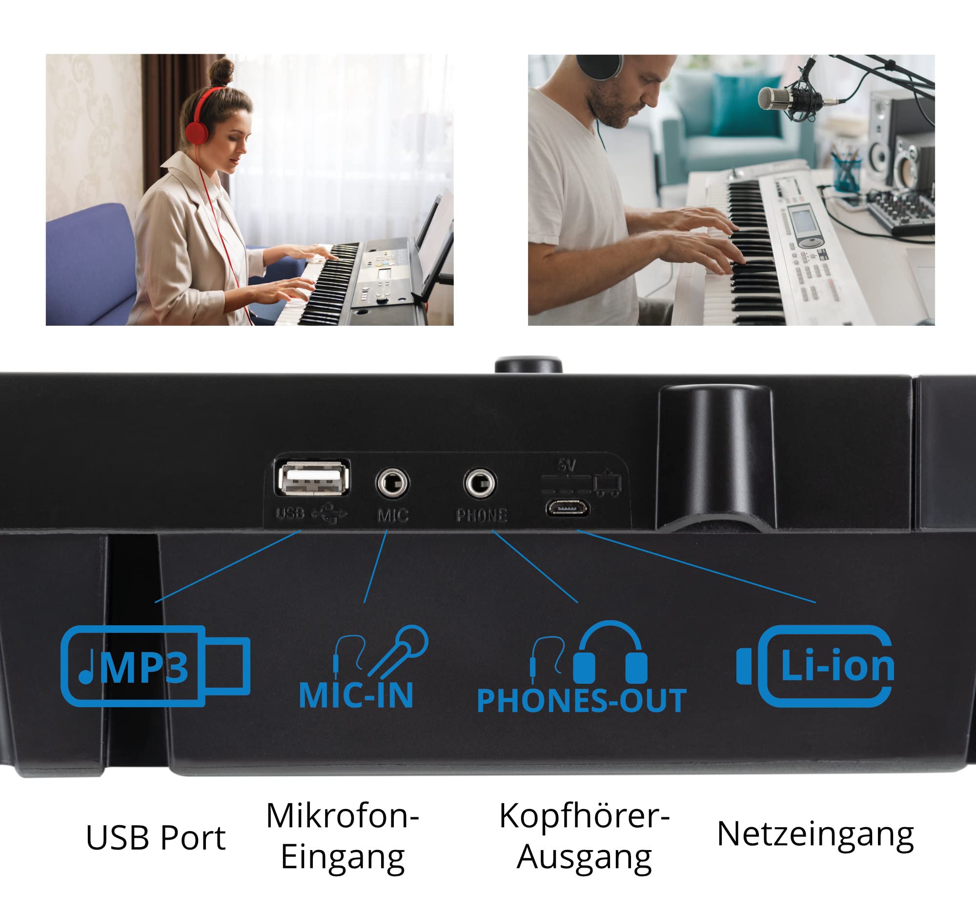 McGrey 6170 Akku-Keyboard Schwarz Safety Fix Set, LC-Display, 200 Sounds | Einsteiger-Keyboard mit 61 Tasten in Standard-Größe, Integrierter Li Ion-Akku mit 1200 mAh, 200 Rhythmen, 70 Demo Songs, 5 cm
