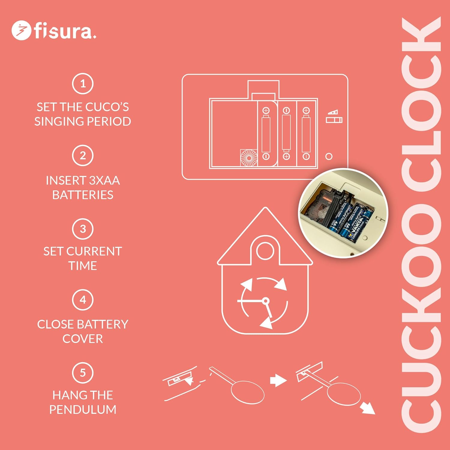 Fisura – Cuckoo Wall Clock with Color. Unique Analog Timepiece with Pendulum in ABS Plastic, Decorative Gift idea for Home. 8,5 x 3,1 x 16,3 inches. 3 AA Batteries (not Included). (Red)