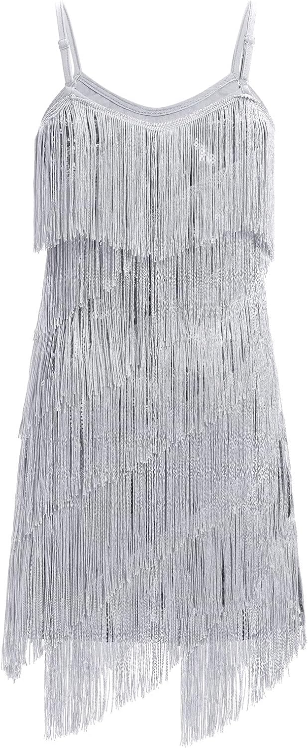AFAVOM Sequin Fringe Dress for Girls Latin Dance Dress Tassel Flapper Dress Sparkly Ballroom Jazz Salsa Cha Cha Dance Costume