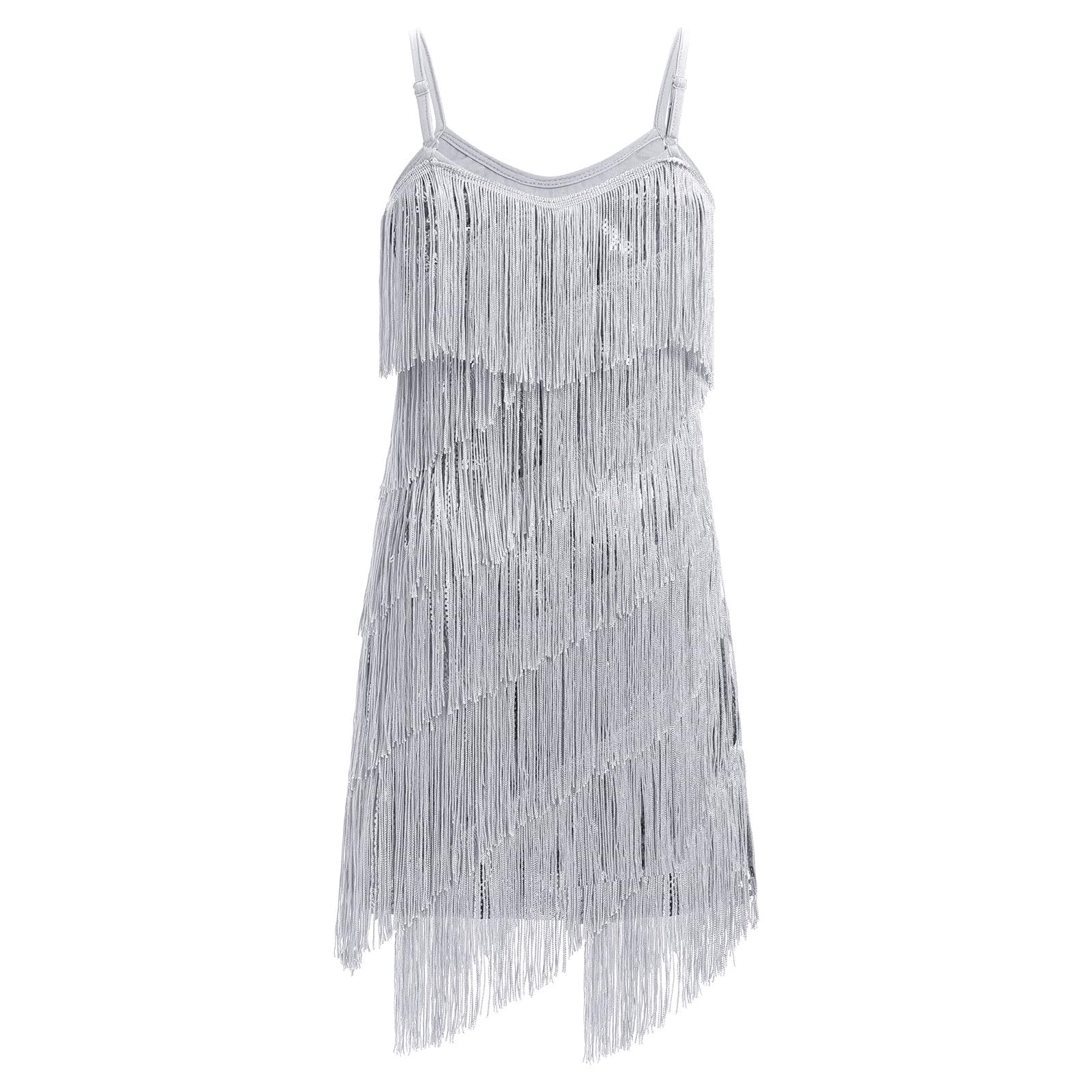 Abito da bambina con nappe latine scintillanti, senza maniche, vintage, con frange, a strati, per feste da ballo, Cha Cha, jazz, tango, balletto, danza anni '20, vestito da performance