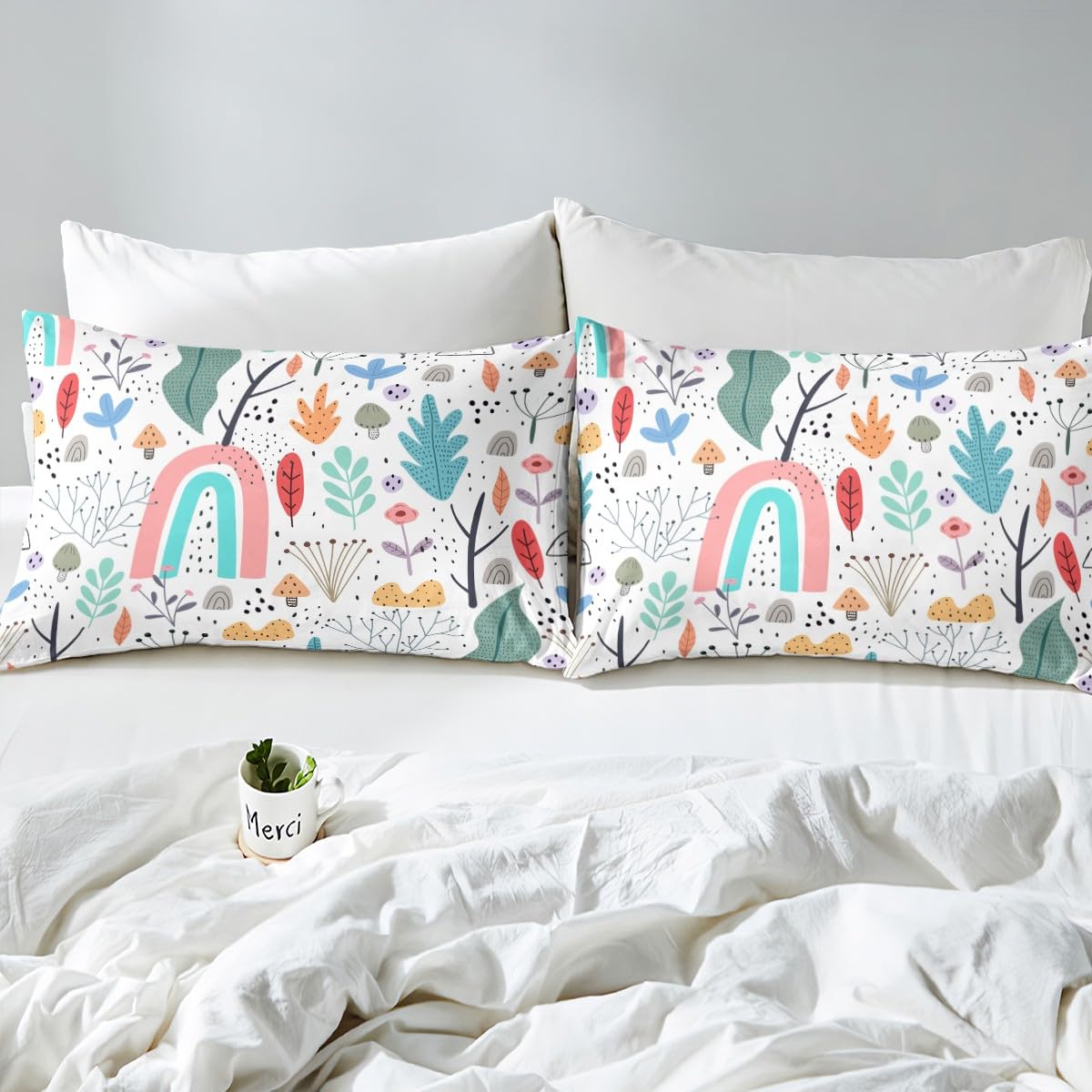 Set Biancheria Letto Bambino 2 Pezzi Stile Boho Con Arcobaleno, Fiori E Foglie, Rosa/blu, Piumino 172x228 Cm + Federa 76x50 Cm - 2