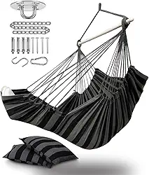 ADVOKAIR Cadeira de rede suspensa grande com descanso para os pés e ferragens, máx. 226 kg, barra de aço com antiderrapante, 2 almofadas e bolso lateral, uso interno/externo