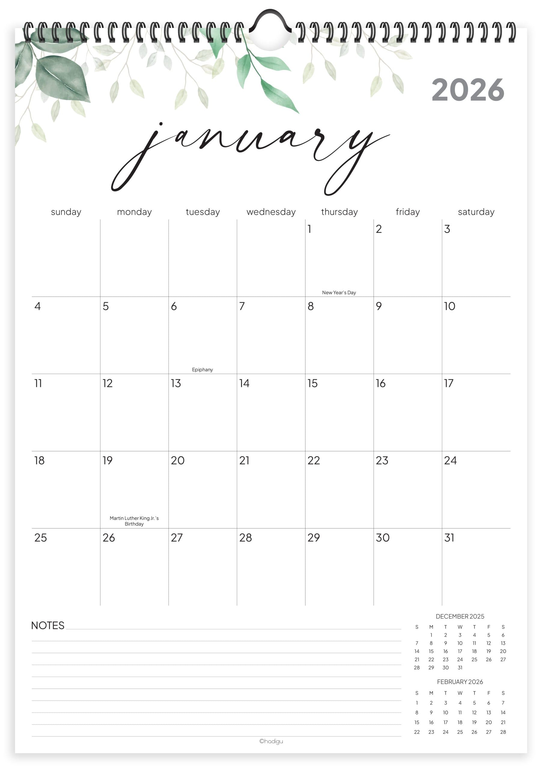 Wandkalender 2026-2027, 18 Monate, läuft von Januar 2026 bis Juni 2027, 43,2 x 30,5 cm, großer Wandkalender mit Aufhänger, dickes Papier, Spiralbindung, weiches grünes Design