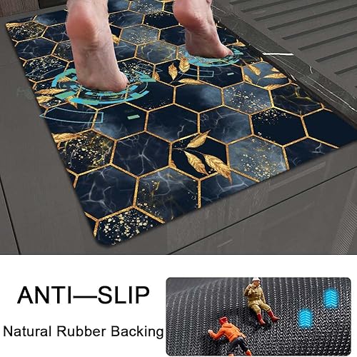 Miniatura 5 de Alfombra de baño, mármol de panal negro y azul, antideslizante, de secado rápido, súper absorbente, delgada, para debajo de la puerta, fácil de