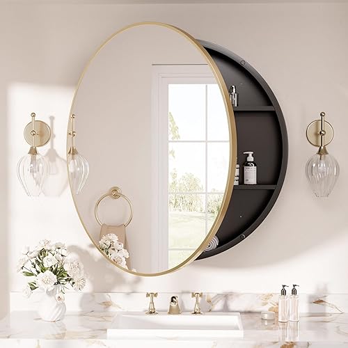 TETOTE Armoire à pharmacie ronde dorée pour salle de bain avec miroir, étagères 