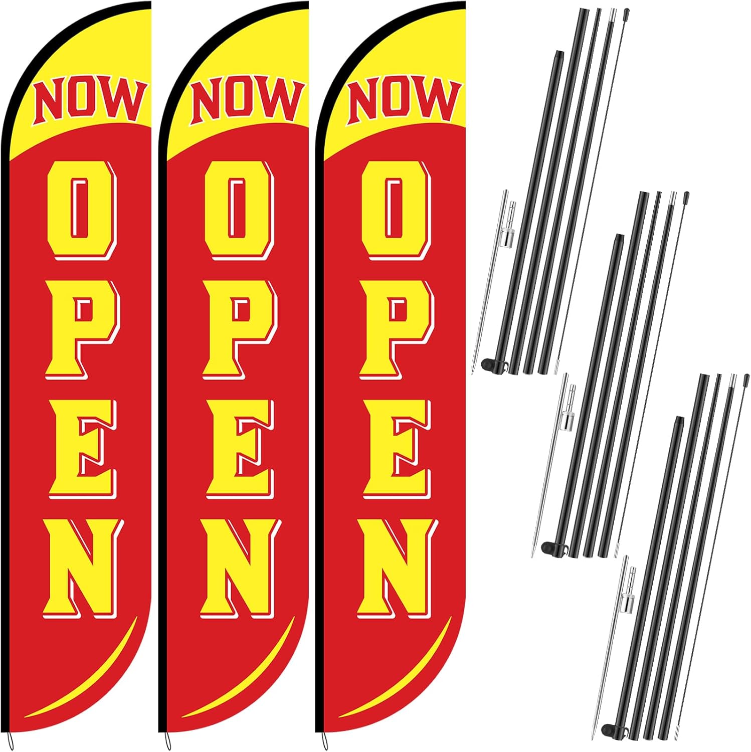 3 Sets Now Open Feather Flag Pole Kit-15 Feet Tall Now Open Flag for Businesses Advertising Sign Outside Grand Opening Banner with Pole - Ground Spike Red & Yellow