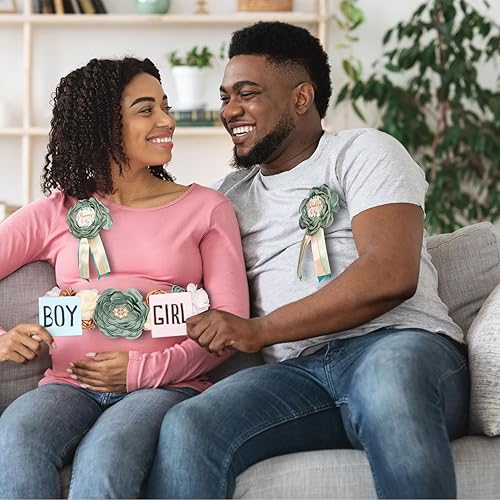 Miniatura 5 de Juego de fajas verdes de maternidad para mamá y papá, ramillete de flores, suministros de recuerdo de baby shower, decoraciones de revelación de