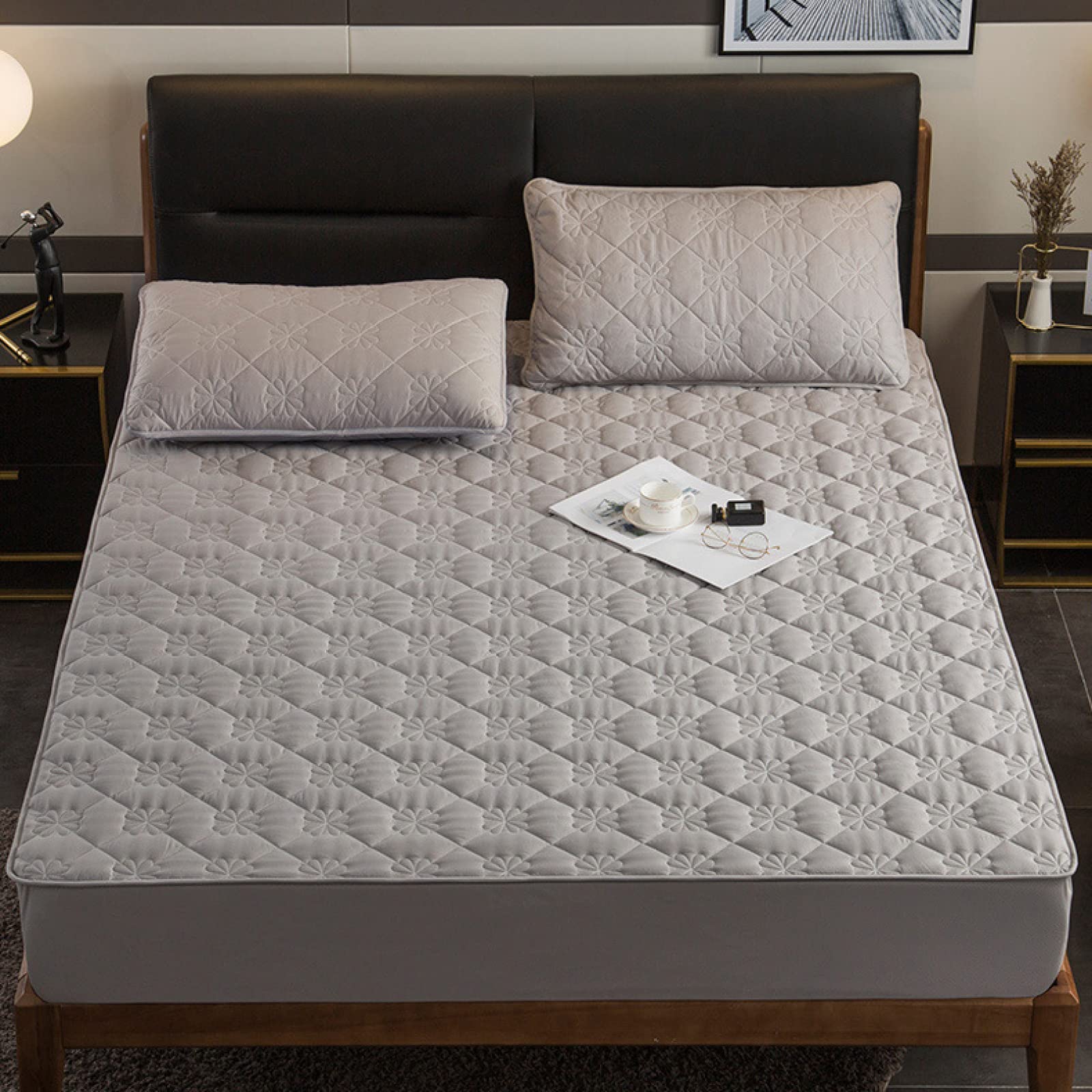 Housse Ajustable Tissu Doux sans Plis 150x200cm + 30cm, draps-Housses matelassés en Coton de Couleur Unie pour hôtel, protège-Matelas épaissi pour Chambre Gris Clair