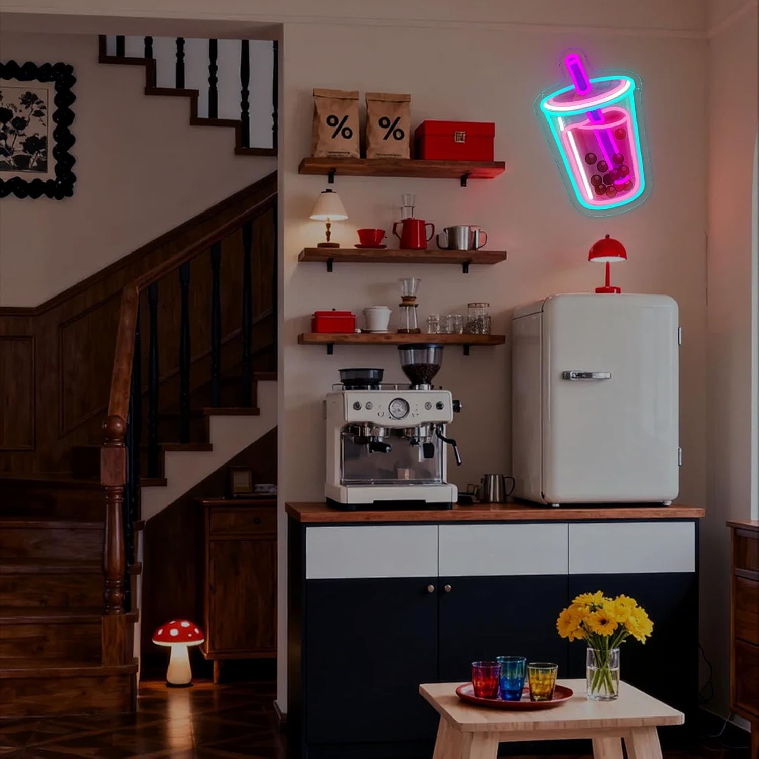 Bubble Tea Neon Sign Dimmable LED Boba Milk Tea Cup Light Sign for Kitchen, Bedroom & Coffee Shop Boba Tea Neon Light Wall Decor USB Powered Pink Cyan Aesthetic Light Sign for Boba Lovers
