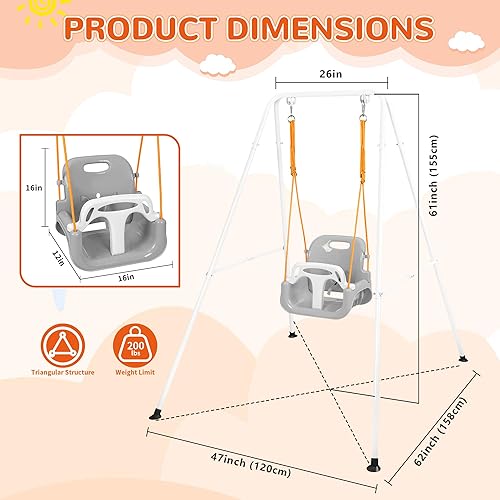 Miniatura 2 de Juego de columpios 3 en 1 para niños pequeños, columpio de bebé para interiores y exteriores, juego de columpios resistentes con soporte de metal