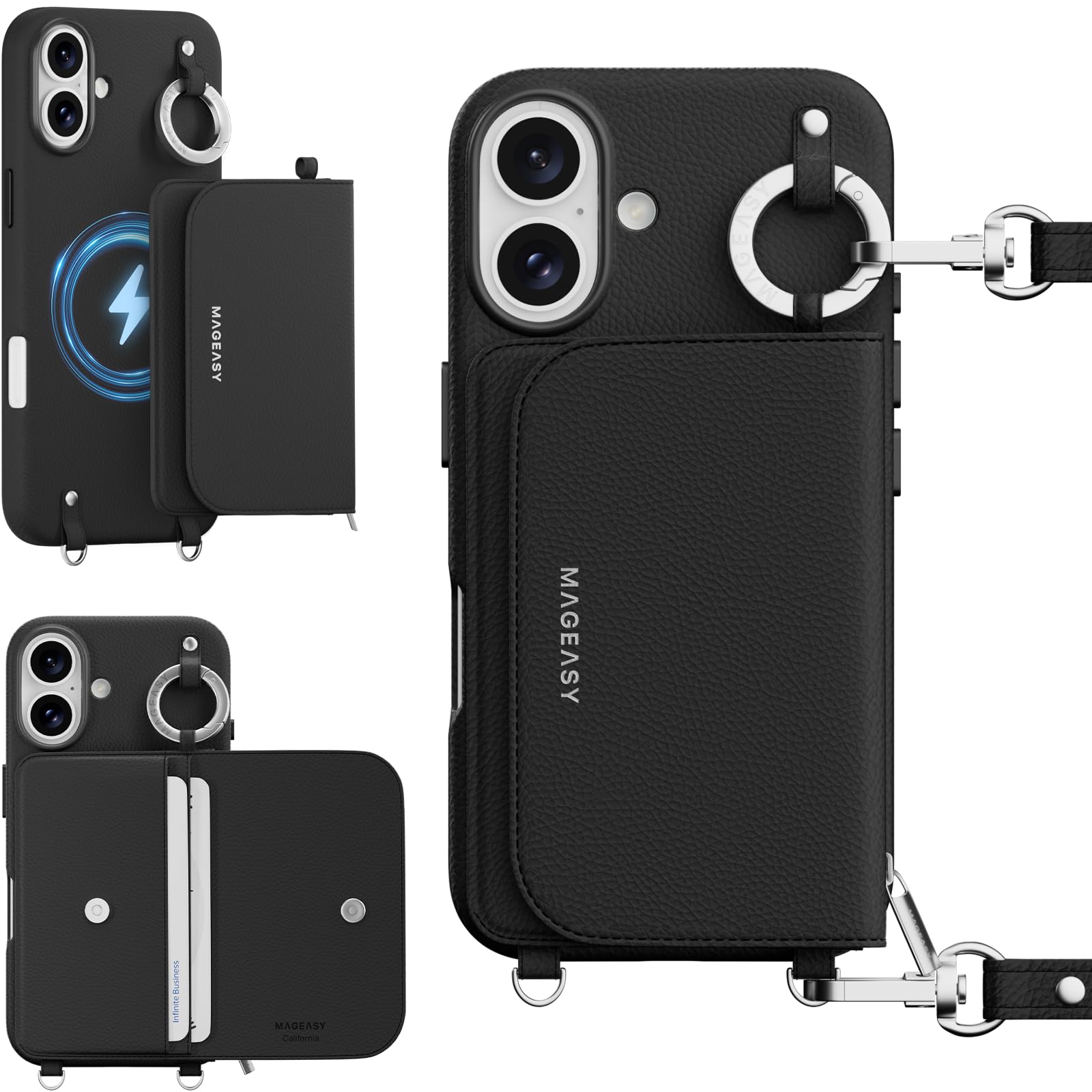 MAGEASY Case for iPhone 16 6.1" - Detachable Wallet Case with Crossbody Strap, 16ft Ultimate Drop Protection, [The Only Phone Case with Purse