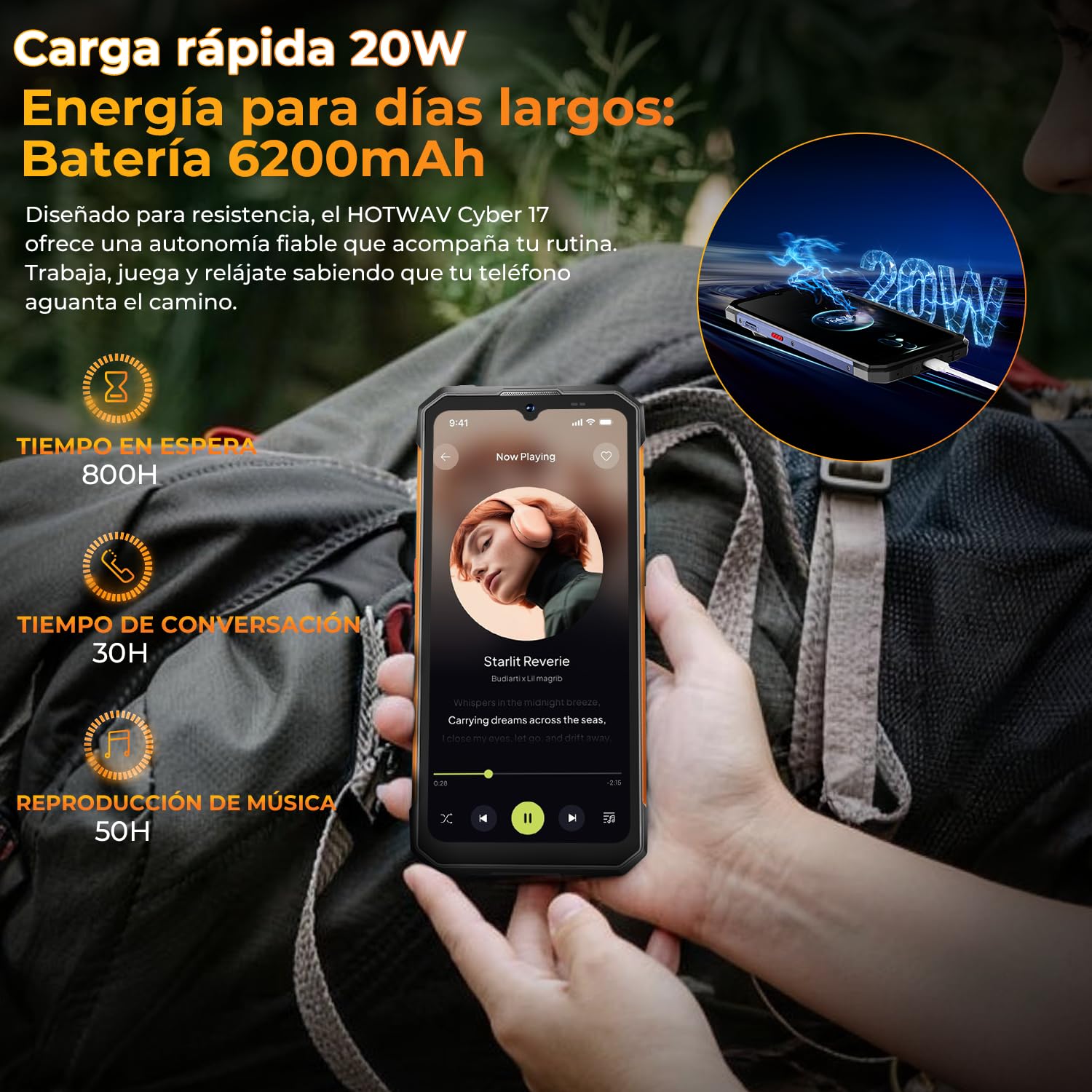 HOTWAV Cyber 17 Movil Irrompible-16GB+128GB(TF 2TB), 120Hz 6,75" HD+ Teléfono Movil Android 16, 6200mAh 20W, 48MP+16MP Cámara, Dual 4G SIM/NFC/OTG/GPS/Linterna de Camping súper Brillante | Pantalla de 6,75" HD+120Hz con Panda Glass 3, batería 6200mAh, 48M