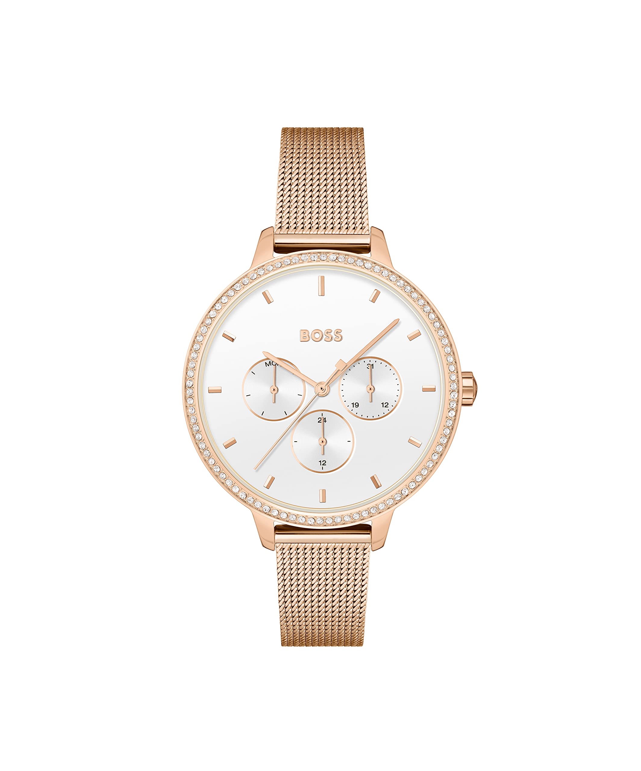 BOSS Analogue Multifunction Quartz Watch for Women with Carnation Gold Colored Stainless Steel mesh Bracelet - 1502663