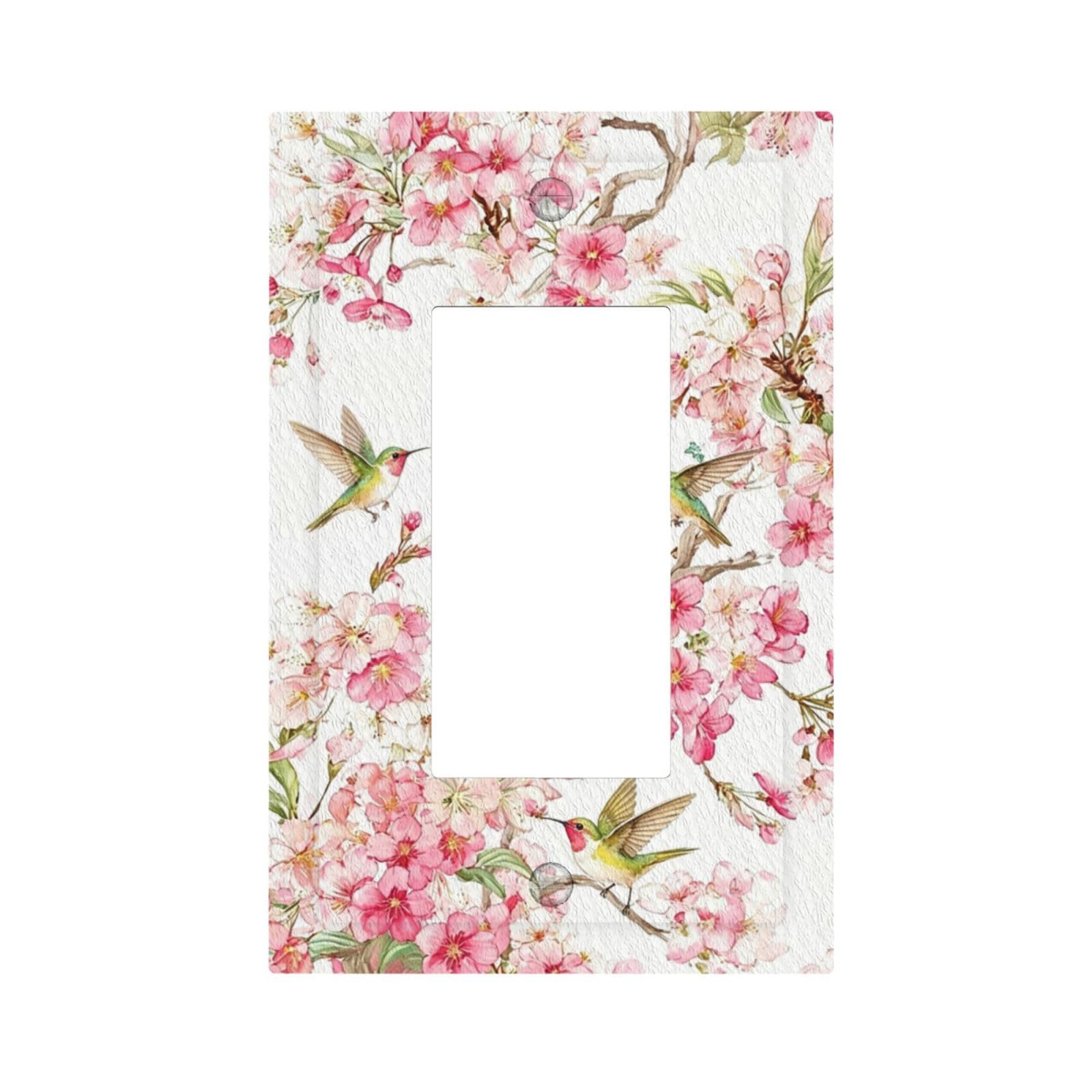 DWBGUO Decorative Outlet Covers Soft Watercolor Pink Cherry Blossom Hummingbird 1 Gang Rocker Light Switch Covers Single Decora Gfci Device Wall Plate for Bathroom Home Decor