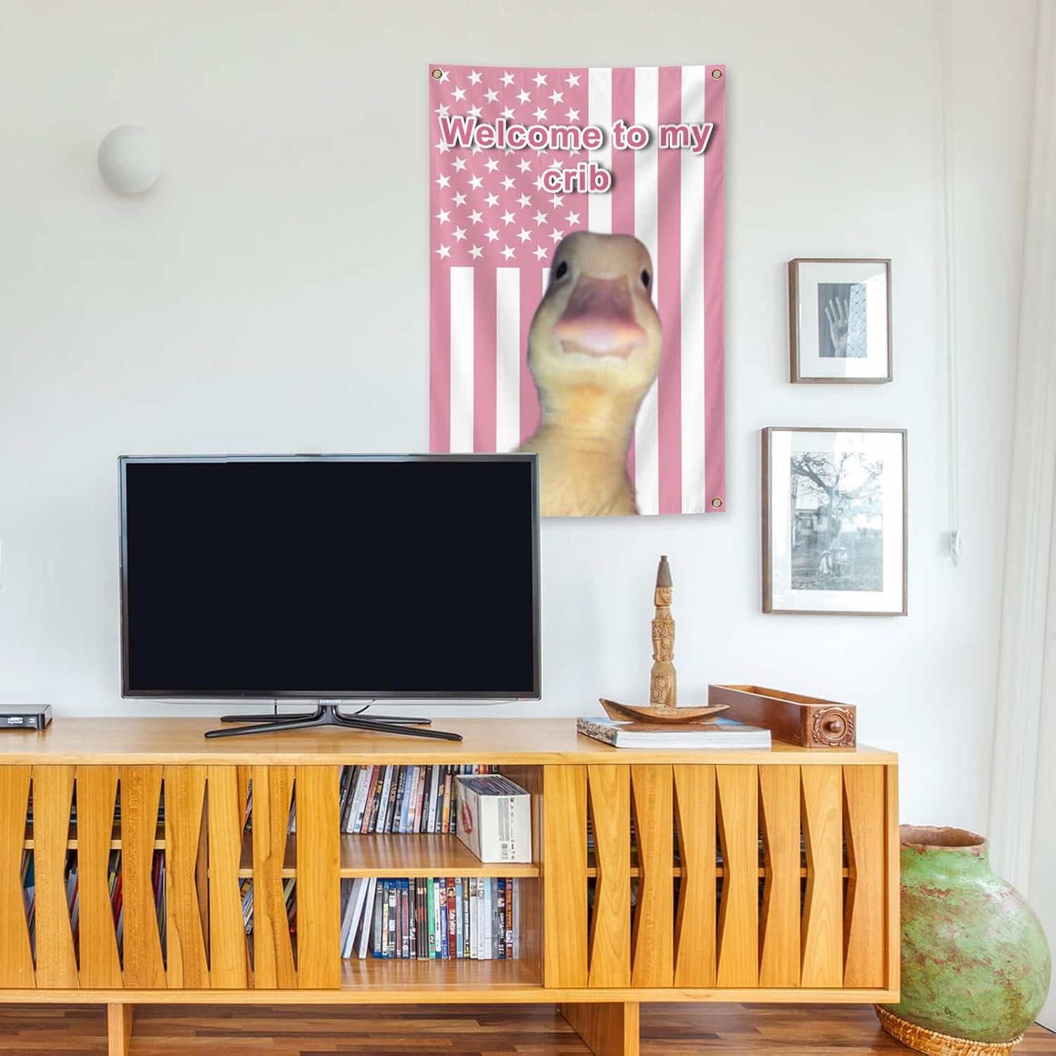 Welcome to My Crib Flag 2x3 Feet Funny Poster Durable Man Cave Wall Tapestry with Brass Grommets Flag for Bedroom College Dorm Room Decor,Outdoor,Parties (PINK)