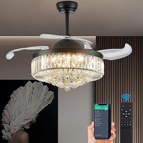 DuMaiWay Candelabro de techo de cristal regulable de 48 pulgadas con control remoto de 6 velocidades, ventiladores retráctiles de 4 aspas para