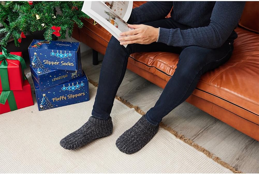 LEMZONE Men's Cozy Slipper Socks with Non Slip Grippers, Winter Soft Sole Indoor Fleece Sherpa Lining Sock Shoes