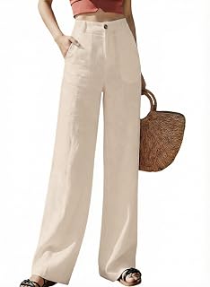 Hooever Lässige Damenhose mit hoher Taille, weitem Bein, Knopfleiste, gerades Bein