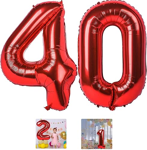 Globo de 40 números rojo de 40 pulgadas, globos grandes de Mylar para hombres de 40 años, decoraciones de fiesta de cumpleaños, bodas, aniversarios,