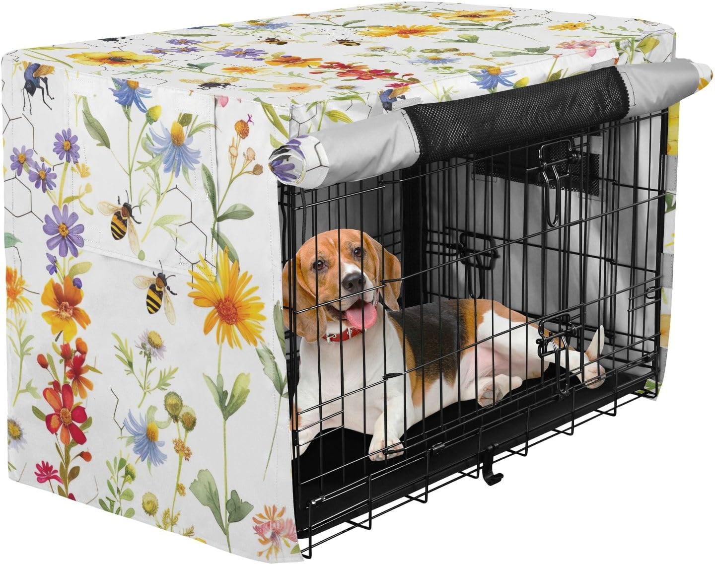 Watercolor Wildflowers Dog Crate Covers Roll-up Sides, Pet Cage Cover with Mesh Windows, X-Large