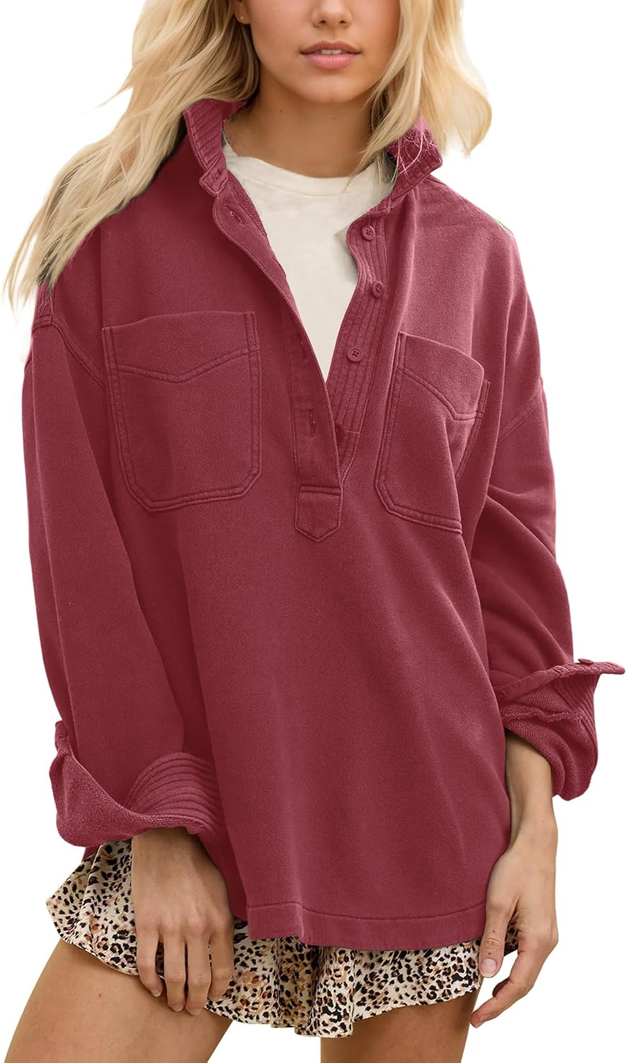 Locachy Women’s Casual Oversized Polo Sweatshirt Lapel Long Sleeve Button Pullover Tops Fashion Outfits Clothes