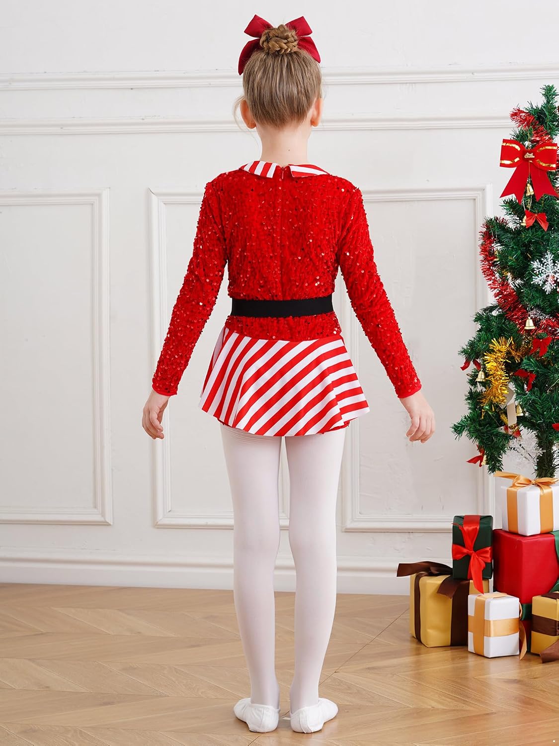 YiZYiF Kids Girls Christmas Dance Costume Long Sleeve Sequined Ballet Gymnastics Leotard Santa Elf Costume