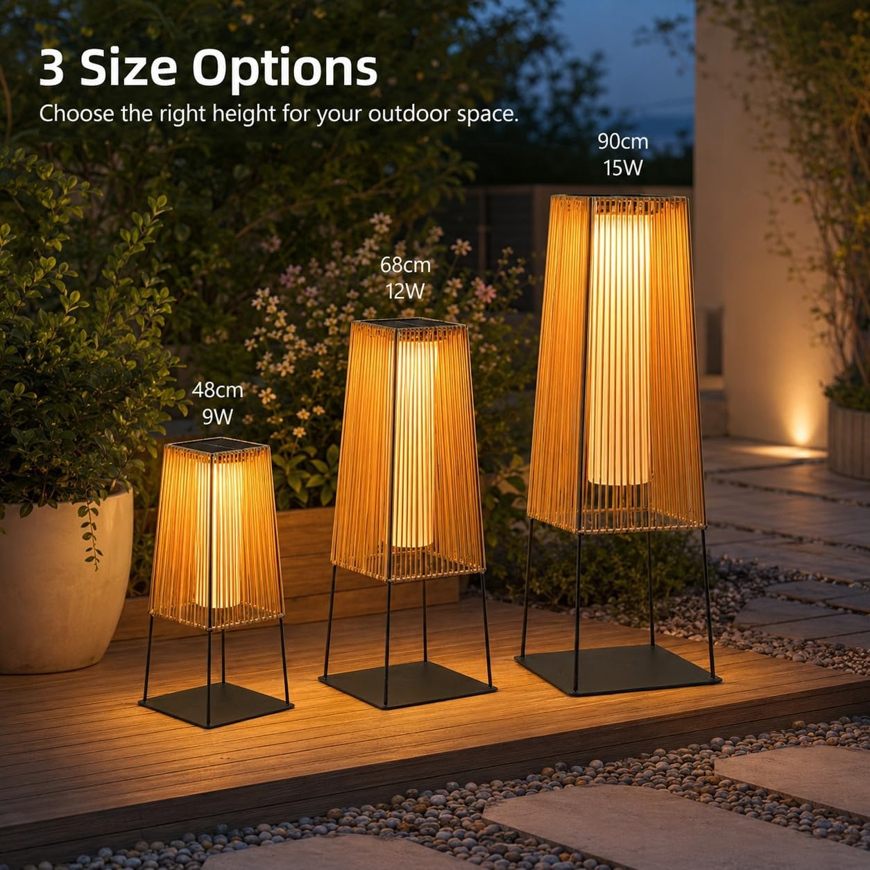 Solar Outdoor Floor Lamp, Woven Rattan Shade for Landscape Lighting | Dual-Charging Lantern for Patio, Deck, Balcony And Poolside, IP65 Stainless-Steel Frame with Screw-Fixed Base(Medium)