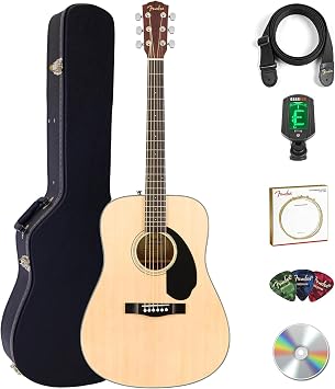 Fender CD-60S Solid Top Dreadnought Acoustic Guitar - Natural Bundle with Hard Case, Tuner, Strap, Strings, Picks, and Austin Bazaar Instructional DVD