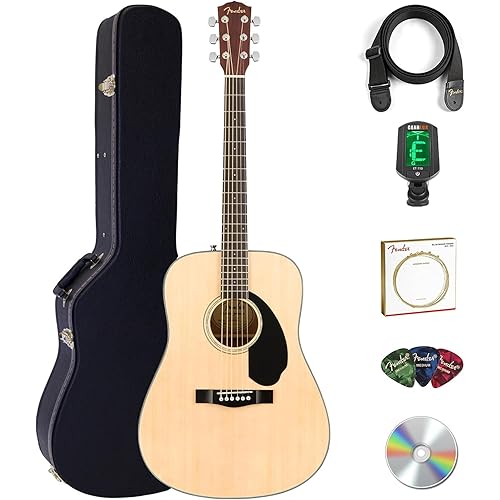 Fender CD-60S Solid Top Dreadnought Acoustic Guitar - Natural Bundle with Hard Case, Tuner, Strap, Strings, Picks, and Austin Bazaar Instructional DVD