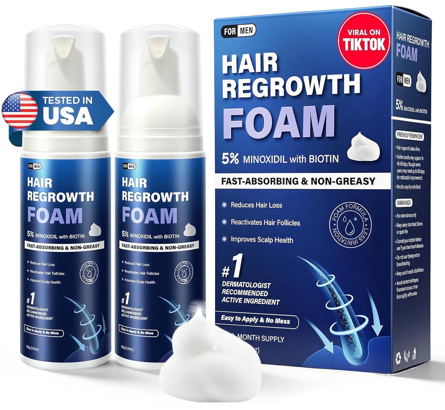 5% Minoxidil Foam for Men, Fast-Absorbing Non-Greasy Hair Regrowth Treatment for Thinning Hair & Beard, Get Stronger Thicker Fuller Hair, Clinically Proven, 2 x 2.11 Oz (2 Month Supply)