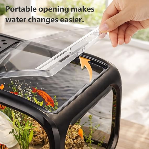 Aquarium Kit Compact Betta Fish Tank Office Fish Tank Bedroom Aquarium Clear Viewing Tank Ecological Cycle System Aquarium Gift Set for Desktop Office or Home Décor Black