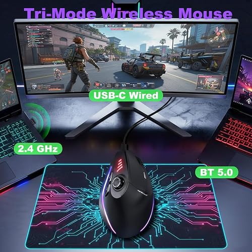 Miniatura 4 de Wireless Gaming Mouse with 5D Rocker, ri-Mode ，24000 DPI 12 Programmable Buttons Ergonomic Mouse for Carpal Tunnel, Rechargeable