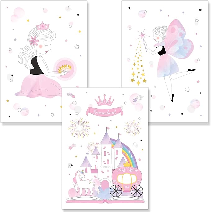 Cuadros Infantiles Habitación Niña - Láminas Decorativas para Enmarcar - 3 Póster Princesa Castillo Rosa A4